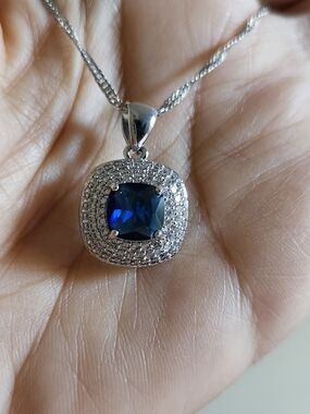 New 925 Silver Cushion Cut Blue Sapphire Diamond Necklace Pendant and Chain